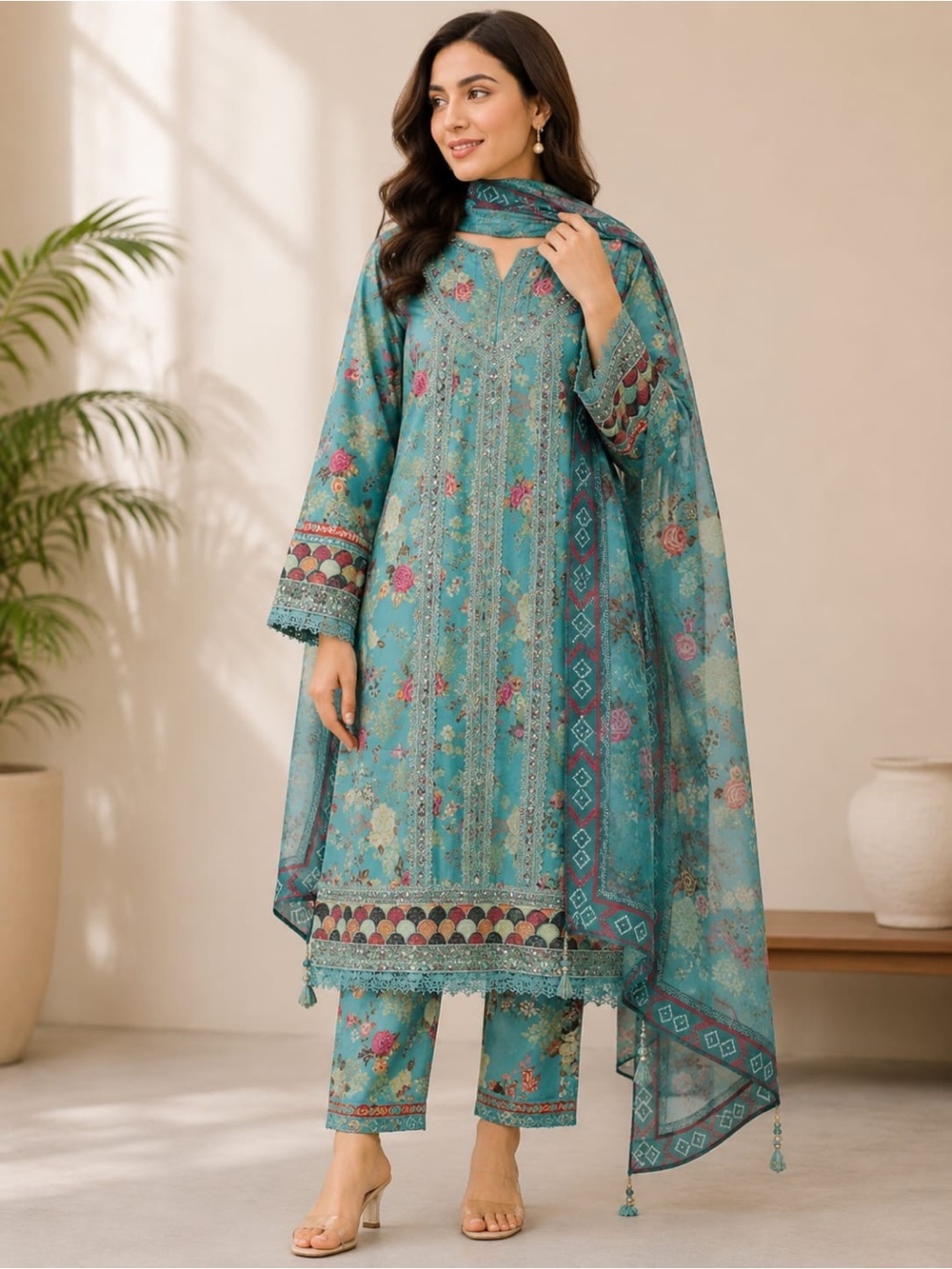 Turquoise Floral Embroidered Ethnic Kurta Set